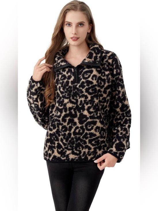 HYGLuosie Jackets & Blazers - Women's Tan & Black Leopard Teddy Jacket - Cozy Half Zip Pullover